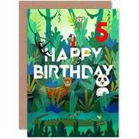 Artery8 Jungle Animals 5th Birthday Greetings Card in Green
