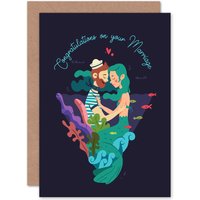 Artery8 Sailor Mermaid Congratulations Marriage Greetings Card in Dark Navy