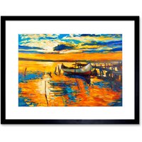 Artery8 Wall Art Print Boat Pier Sunset Ocean Framed in Black | Size: W7" x H9"