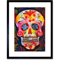 Artery8 Wall Art Print Day of The Dead Skull Oil Paint Framed in Black | Size: W7" x H9"