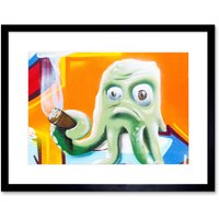 Artery8 Wall Art Print Graffiti Octopus Smoking Cigar Framed in Black | Size: W7" x H9"