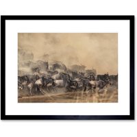 Artery8 Wall Art Print Wildebeest Antelope Herd Dust Framed in Black | Size: W7" x H9"