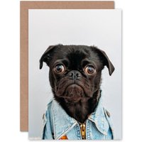 Artery8 Deluvio Pug Puppy Dog In Jacket Greetings Card in Light Grey