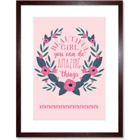 Artery8 Wall Art Print Kids Girl Beautiful Amazing Pink Floral Framed in Brown | Size: W7" x H9"