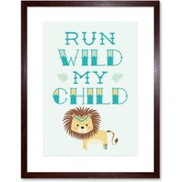 Artery8 Wall Art Print Kids Run Wild Child Lion Framed in Brown | Size: W7" x H9"