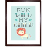 Artery8 Wall Art Print Kids Run Wild My Child Pastel Lion Framed in Brown | Size: W7" x H9"