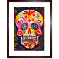 Artery8 Wall Art Print Day of The Dead Skull Oil Paint Framed in Brown | Size: W7" x H9"