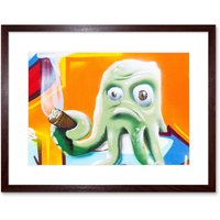 Artery8 Wall Art Print Graffiti Octopus Smoking Cigar Framed in Brown | Size: W7" x H9"