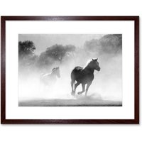 Artery8 Wall Art Print Horses Running Mist BW Framed in Brown | Size: W7" x H9"