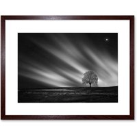 Artery8 Wall Art Print Lone Tree Landscape Aurora Black White Framed in Brown | Size: W7" x H9"