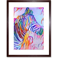 Artery8 Wall Art Print Rainbow Zebra Painting Framed in Brown | Size: W7" x H9"