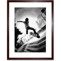 Artery8 Wall Art Print Skateboarder Trick BW Framed in Brown | Size: W7" x H9"