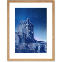 Artery8 Wall Art Print Scotland Eilean Donan Night Framed in Beige | Size: W7" x H9"