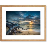 Artery8 Wall Art Print Driftwood Beach Sunset Ocean Framed in Beige | Size: W7" x H9"