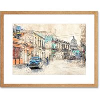 Artery8 Wall Art Print Havana Cuba Street Painting Sketch Framed in Beige | Size: W7" x H9"