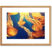 Artery8 Wall Art Print Jellyfish Group Underwater Ocean Framed in Beige | Size: W7" x H9"