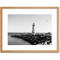 Artery8 Wall Art Print Lighthouse Rocks Ocean BW Living Room Home Framed in Beige | Size: W7" x H9"
