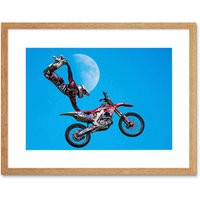 Artery8 Wall Art Print Motocross Bike Stunt Framed in Beige | Size: W7" x H9"