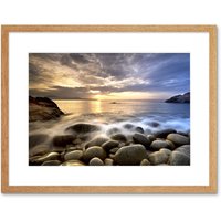 Artery8 Wall Art Print Sunset Rocky Seaside Beach Framed in Beige | Size: W7" x H9"