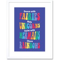 Artery8 Wall Art Print Fairies Unicorns Mermaids Rainbows Framed in White | Size: W7" x H9"