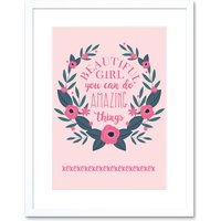 Artery8 Wall Art Print Kids Girl Beautiful Amazing Pink Floral Framed in White | Size: W7" x H9"