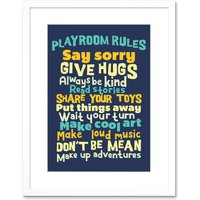 Artery8 Wall Art Print Kids Playroom Rules Fun Blue Framed in White | Size: W7" x H9"