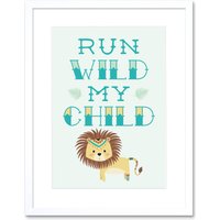 Artery8 Wall Art Print Kids Run Wild Child Lion Framed in White | Size: W7" x H9"