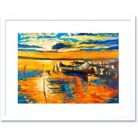 Artery8 Wall Art Print Boat Pier Sunset Ocean Framed in White | Size: W7" x H9"
