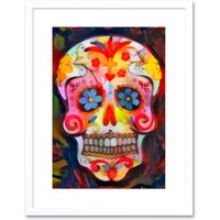 Artery8 Wall Art Print Day of The Dead Skull Oil Paint Framed in White | Size: W7" x H9"
