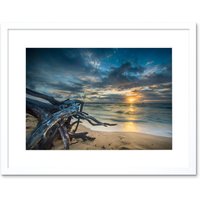 Artery8 Wall Art Print Driftwood Beach Sunset Ocean Framed in White | Size: W7" x H9"