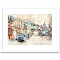 Artery8 Wall Art Print Havana Cuba Street Painting Sketch Framed in White | Size: W7" x H9"