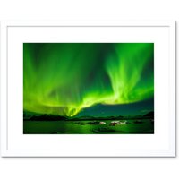 Artery8 Wall Art Print Northern Lights Aurora Borealis Green Framed in White | Size: W7" x H9"