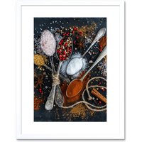 Artery8 Wall Art Print Spoons Spice Seasoning Cooking Framed in White | Size: W7" x H9"