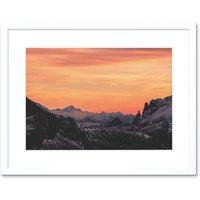Artery8 Wall Art Print Sunrise Snowy Mountains Framed in White | Size: W7" x H9"