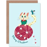 Artery8 Cute Cat & Mouse Christmas Card Blue Greetings Card