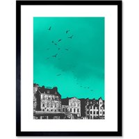 Artery8 Wall Art Print Rooftop Birds Leith Framed 9X7 in Black | Size: W7" x H9"