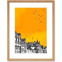 Artery8 Wall Art Print Rooftop Birds Edinburgh Framed 9X7 in Beige | Size: W7" x H9"