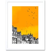Artery8 Wall Art Print Rooftop Birds Edinburgh Framed 9X7 in White | Size: W7" x H9"