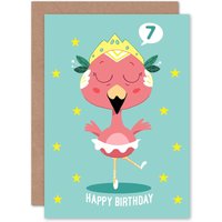 Artery8 Kawaii Flamingo Ballet 7th Birthday Greetings Card in Light Blue