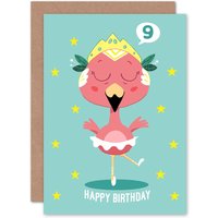 Artery8 Kawaii Flamingo Ballet 9th Birthday Greetings Card in Light Blue