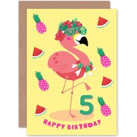 Artery8 Kawaii Flamingo 5th Birthday Greetings Card in Yellow