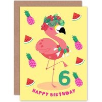 Artery8 Kawaii Flamingo 6th Birthday Greetings Card in Yellow