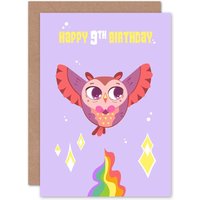 Artery8 Kawaii Cute Owl Flying Pink 9th Birthday Greetings Card in Purple