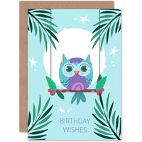Artery8 Kawaii Owl Perch Birthday Wishes Greetings Card in Light Blue