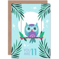 Artery8 Kawaii Owl Perch Birthday You are 11 Greetings Card in Light Blue