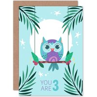 Artery8 Kawaii Owl Perch Birthday You are 3 Greetings Card in Light Blue