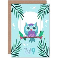 Artery8 Kawaii Owl Perch Birthday You are 9 Greetings Card in Light Blue