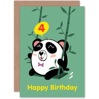 Artery8 Kawaii Panda Swing 4th Birthday Greetings Card in Green