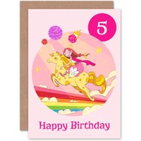 Artery8 Unicorn Princess Rainbow 5th Birthday Greetings Card in Pink