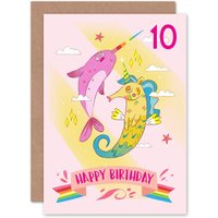 Artery8 Unicorn Seahorse Narwhal 10th Birthday Greetings Card in Pink
